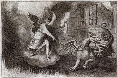 Royaumont-Bibel, Neues Testament: Drachenketten. Der Drache der Offenbarung, Symbol des Teufels, wird von einem Engel, der den Schlüssel des Abgrunds hält, angekettet. Illustration von 1811. von Unknown artist