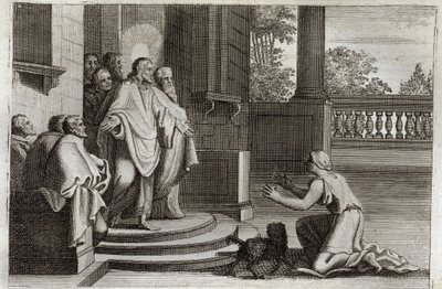 Royaumont-Bibel, Neues Testament: Jesus Christus und die Frau von Kanaan (Die Kananäerin oder die fremde Frau). Eine Bäuerin bittet den Herrn um Hilfe, um ihre Tochter zu heilen. Christus antwortete ihr: „Ich wurde nur zu den verlorenen Schafen des Hauses  von Unknown artist