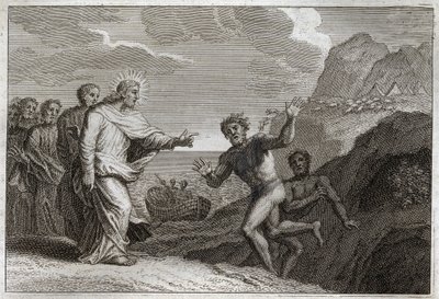 Royaumont-Bibel, Neues Testament: Besessener geheilt. Jesus Christus heilte einen Besessenen, den der Dämon wütend gemacht hatte. Illustration von 1811. von Unknown artist