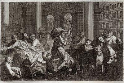 Royaumont-Bibel, Neues Testament: Vertreibung der Händler aus dem Tempel. Jesus Christus vertreibt aus dem Tempel diejenigen, die ihn durch den Handel dort entweiht haben. Illustration von 1811 von Unknown artist