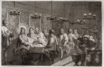 Royaumont-Bibel, Neues Testament: Die Hochzeit zu Kana. Erstes Wunder von Jesus Christus, der Wasser in Wein verwandelte. Illustration von 1811. von Unknown artist