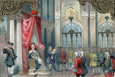 Modernisierungspolitik Russlands: Katharina II. von Russland (1729-1796) verkündet die Neuordnung des Russischen Reiches. 1785 gab sie den Adligen des Reiches weit mehr Macht und Rechte. Späte Chromolithographie des 19. Jahrhunderts. von Unknown artist