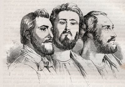 Saint-Simonismus - Charles Duveyrier (1803-1866) - Emile Barrault (1799-1869) - Michel Chevalier (1806-1879) - Gravur von 1882 in „Histoire de dix ans: 1830-1840“ von Louis-Blanc (1811-1882) von Unknown artist