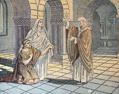 Heiliger Augustinus von Hippo (354-430) und seine Mutter Sainte Monique vor dem Heiligen Ambrosius (340-397) in Mailand, 387 (St. Augustinus von Hippo mit seiner Mutter St. Monika vor St. Ambrosius von Mailand, 387) Illustration aus „Le pelerin“ 1933 Priva von Unknown Artist