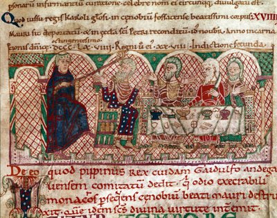Der heilige Maurus wird am Tisch von Gaidulfe von Ravenna empfangen. Miniatur aus 