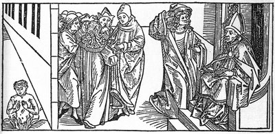 Heiliger Severin. Gravur aus „Leben der Heiligen - Sommerteil“ (Das Buch der Heiligen) von Jacobus (James) von Voragine (1228-1298). Lübeck 1488. von Unknown artist