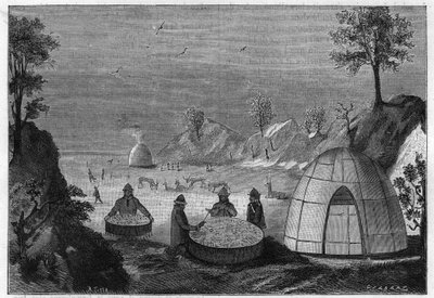 Sami-Zauberer, der die Zukunft mit Hilfe einer magischen Trommel vorhersagt. Gravur von 1885. von Unknown artist
