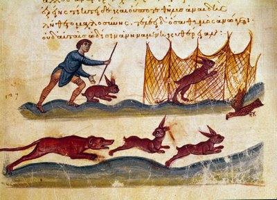 Jagdszene auf Hasen. Miniatur aus dem Jagdtraktat „Kynegetika“ von Oppian von Syrien (3. Jahrhundert n. Chr.), gewidmet Caracalla. 11. Jahrhundert, Venedig, Biblioteca Marciana von Unknown artist