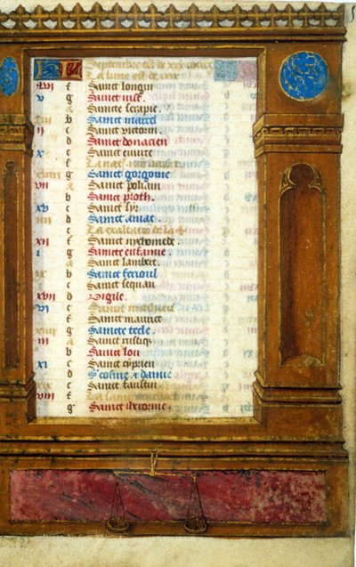 Septemberkalender mit dem Zeichen der Waage - Miniatur des Mittelalters: Genehmigung der Stadtbibliothek Toulouse einholen (Tel.: 05 62 27 66 66) von Unknown artist