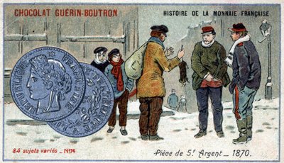 Serie Histoire de la Monnaie Française, veröffentlicht von Chocolat Guérin Boutron. Chromolithographie des 19. Jahrhunderts. 5-Franc-Silbermünze im Jahr 1870 von Unknown artist