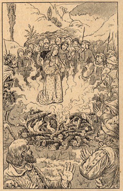 Sie bleibt inmitten der Flammen... Heilige Rosa von Viterbo (1233-1252). Gravur aus dem späten 19. Jahrhundert. Privatsammlung. von Unknown artist