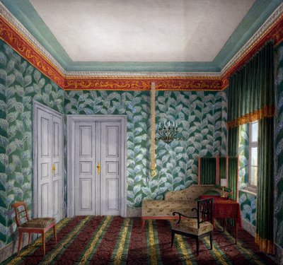 Kleines Tageszimmer mit grüner Tapete und Laub von Unknown artist
