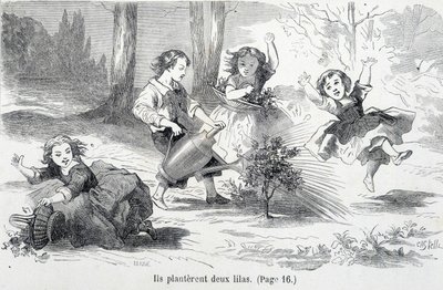 Sophie und ihre Freunde pflanzen Flieder - in „Die Missgeschicke der Sophie“ von der Gräfin von Ségur, Hachette von Unknown artist