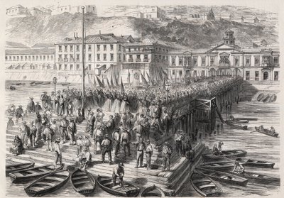 Südamerikanischer Hispano-Krieg zwischen Chile und Spanien, September 1865: Die Damen von Valparaíso singen patriotische Hymnen in Anwesenheit der spanischen Flotte, die den Hafen blockiert - Gravur in „The Illustrous World“ von Unknown artist
