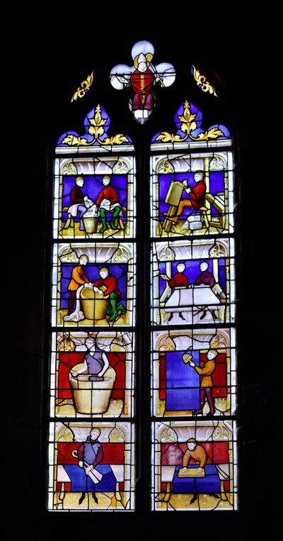 Buntglasfenster, das die Herstellung von Stoffen zeigt, Mitte des 15. Jahrhunderts - Chapelle Saint Blaise der Kirche Notre-Dame de Semur-en-Auxois, Burgund von Unknown artist