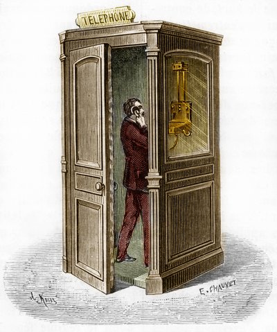 Telefonzelle im Jahr 1888. Gravur in "Das Journal der Jugend" von Unknown artist