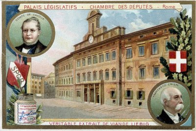 Die Kammer der Deputierten in Rom (Italien), mit Porträts von Graf Camillo Benso de Cavour (1810-1861) und Francesco Crispi (1819-1901) von Unknown artist