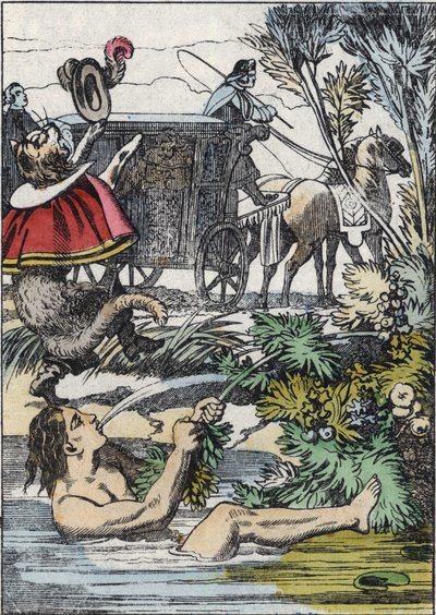 Der Marquis de Carabas täuscht vor, zu ertrinken, während der gestiefelte Kater um Hilfe ruft. Illustration aus Charles Perraults Märchen „Der gestiefelte Kater“ von Unknown artist