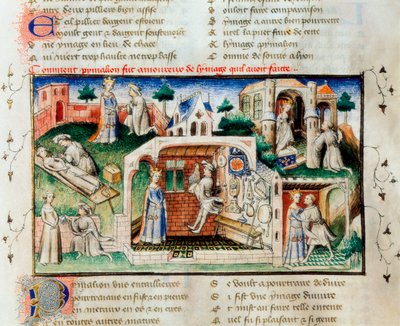 „Der Roman der Rose“: „Wie Pygmalion sich in die Statue verliebte, die er gemacht hatte“. Miniatur aus dem 14. Jahrhundert. Bibliothek der Universität Valencia von Unknown artist