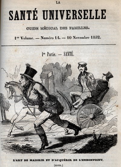 Die Kunst des Abnehmens und Zunehmens: Ein Mann geht zu Fuß, während ein anderer in einer Kutsche transportiert wird - Gravur in „La Sante Universelle - Guide Medical des Familles“ 1852 von Unknown artist