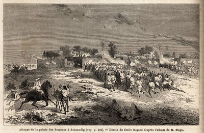 Der Angriff auf Sansandig durch die Armee von König Ahmadou (Toucouleur), wo geflüchtete Bambara Zuflucht fanden. Illustration der Reise in den westlichen Sudan von Leutnant (Marine) M. Mage, 1863-1866, veröffentlicht in "Le tour du monde, nouveau journal von Unknown artist