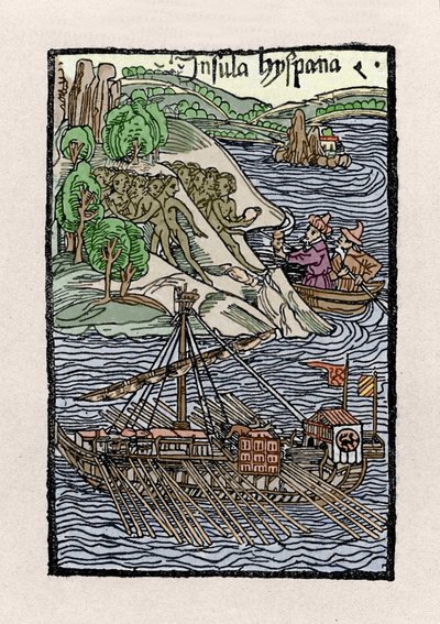 Die Landung auf Hispaniola durch Christoph Kolumbus. Gravur aus „De insulis in mare Indico super inventis“, Basel 1493-1494 (lateinische Übersetzung von Kolumbus