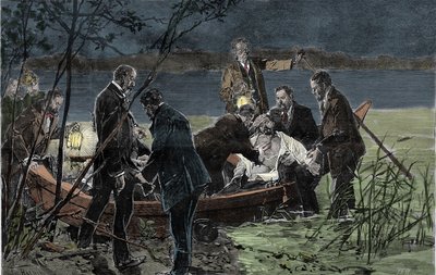 Der Leichnam von Ludwig II. von Bayern und Dr. Gudden im Starnberger See bei Schloss Berg im Juni 1886. Gravur von Unknown artist