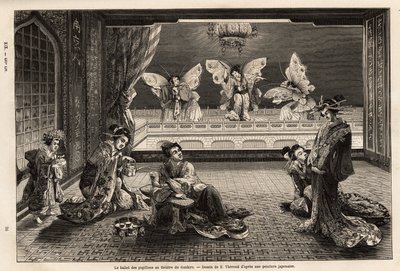 Das Schmetterlingsballett im Gankiro-Theater, im Vergnügungsviertel Miyozaki in Yokohama. Gravur zur Illustration der Reise nach Japan, von Aime Humbert, Minister der Schweizerischen Eidgenossenschaft, 1863-1864, veröffentlicht in "Le tour du monde" von Unknown artist