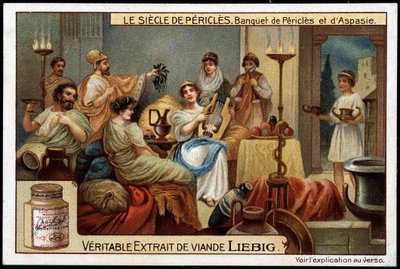 Das Zeitalter des Perikles (495-429 v. Chr.): Bankett von Perikles und Aspasie (470-400 v. Chr.) - Liebig Chromolithographie von Unknown artist