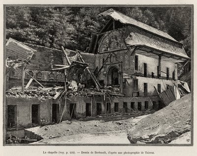 Die Kapelle, zerstört durch das Überlaufen der Arve. Berteault-Gravur zur Illustration der Geschichte „Die Katastrophe von Saint Gervais les Bains“ von Unknown artist