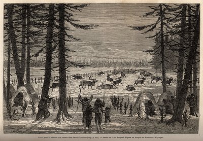 Das Korallenriff für die Rentierjagd im Co-Yukon (Co-Yukon oder Co-Youkouk) (Indianerstamm des äußersten Nordens Kanadas). Gravur zur Illustration der Reise und Abenteuer in Englisch-Kolumbien, Vancouver Island und Alaska, von Frederick Whymper von Unknown artist