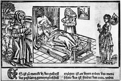 Der Arzt im Bett des Pestkranken, Holzschnitt aus dem „Liber pestilentialis“ von Jérôme Brunschwig, Straßburg von Unknown artist