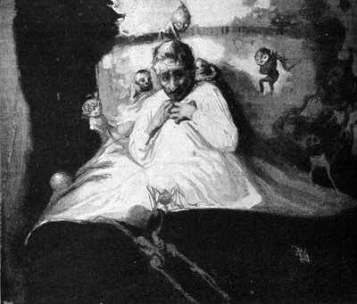 Die Angst vor Geistern (ein Mann im Bett glaubt, von imaginären Kreaturen angegriffen zu werden) von Unknown artist