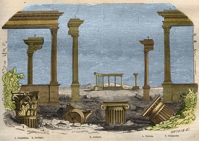 Die fünf Ordnungen der klassischen Architektur: Korinthisch, Dorisch, Ionisch, Toskanisch und Komposit, jeweils durch eine Säule dargestellt von Unknown artist