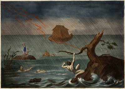 Die Sintflut mit der Arche Noah in der Ferne. Anonyme Gravur aus der Mitte des 19. Jahrhunderts von Unknown artist