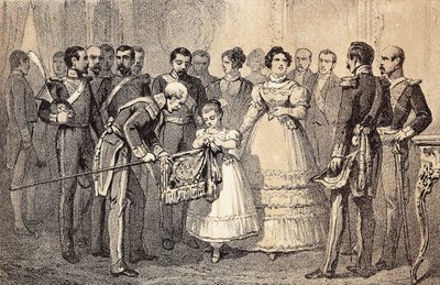 Die zukünftige Königin von Spanien Isabella II. (Isabella von Bourbon) (1830-1904) dekoriert die Fahne der Speere der Garde des Ordens von San Fernando. Lithographie. von Unknown artist