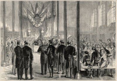 Der kaiserliche Prinz Eugene Louis Joseph (1856-1879) nimmt am Bankett des Heiligen Karl des Großen in Paris im Lycée Bonaparte (später Lycée Condorcet) teil. Gravur in „The Universe illustrious“. von Unknown artist