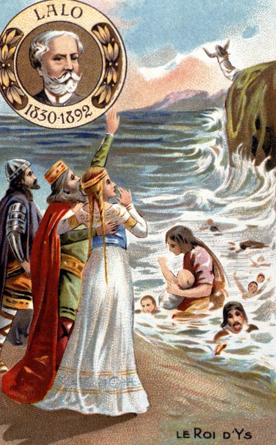 Der König von Ys, legendäre Stadt der Bretagne, die im 4. oder 5. Jahrhundert von den Wellen überflutet wurde. Edouard Lalo (1823 - 1892), oben links dargestellt, komponierte die Oper „König von Ys“ (1888). Chromolithographie des 19. Jahrhunderts. von Unknown artist