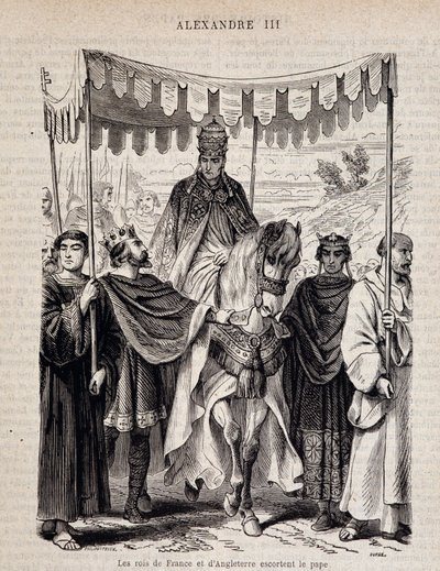 Die Könige von Frankreich Ludwig VII. der Jüngere (1120 - 1180) und England eskortieren Papst Alexander III. - in „Histoire des popes“ von Unknown artist