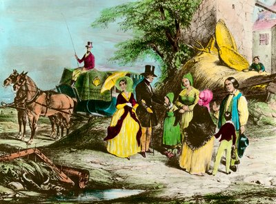 Der Herr und sein Bauer. Der Gutsherr besucht die Bauern. Gravur aus dem 19. Jahrhundert. Private Sammlung von Unknown artist