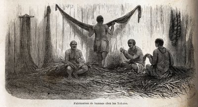 Die Herstellung von Hängemattennetzen bei den Yahua-Indianern in Peru, aus dünnen Palmfäden der Chambira-Palme geflochten. Gravur zur Illustration der Reise vom Pazifischen Ozean zum Atlantischen Ozean, durch Südamerika, in den Jahren 1848-1860 von Paul Ma von Unknown artist