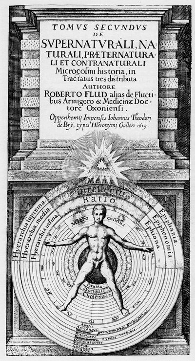 Der Mikrokosmos und der Makrokosmos - Allegorische Darstellung der Position des Menschen im Universum (Vitruvianischer Mensch): Beziehung des Menschen (Mikrokosmos) zum Makrokosmos, symbolisiert durch die Sphären der Sonne, des Mondes und der Planeten, ver von Unknown artist