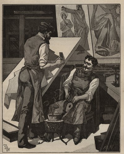 Die Mosaik: Mosaikwerkstatt. Gravur von 1885 in „Les arts et métiers illustrés“ von Adolphe Bitard. von Unknown artist