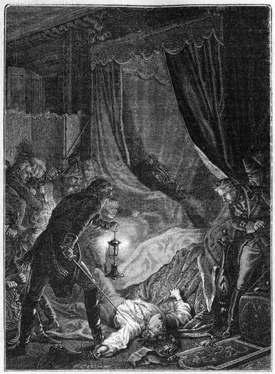 Der Mord an Zar Paul I. von Russland, März 1801 - Illustration 1882-1884 - Die Ermordung von Paul I. Petrovich (1754-1801), russischer Zar, in seinem Zimmer im Sankt Michaels-Palast nach erzwungener Abdankung - Illustration 1882-1884 von Unknown artist