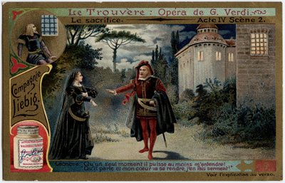 Der Opferakt IV Szene 2. Illustration für die Oper „Il trovatore“ von Giuseppe Verdi (1813-1901). Chromolithographie (Chromo) Liebig aus dem späten 19. Jahrhundert. von Unknown artist