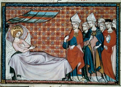 Der kranke König von Frankreich Saint Louis (Louis IX) (1214-1270) spricht zu seinen Verwandten und dem Klerus. Miniatur aus einem Manuskript „Leben und Wunder des heiligen Louis“ von Wilhelm von Saint Pathus von Unknown artist