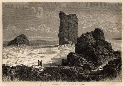 Die Schaufensterruinen von Birs Nimroud, die die Touristengemeinde von Bagdad (Irak) damals als den mythischen Turm von Babel identifiziert. Gravur zur Illustration der Reise nach Babylon, 1866, von Guillaume Lejean, in „Le tour du monde, nouveau journal d von Unknown artist