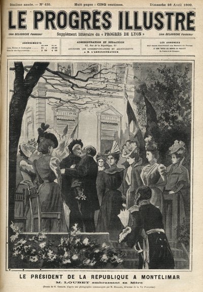 Die Reise des Präsidenten der Republik nach Montelimar (Drome, Frankreich): Emile Loubet (1838-1929) und seine Mutter. Gravur in „Der illustre Fortschritt“ von April 1899 von Unknown artist