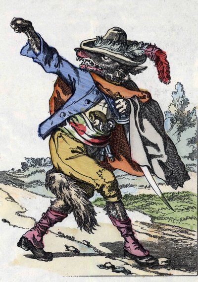 Der Wolf. Illustration des Märchens „Compère le Loup, Maître Renard, Comère la Chèvre und ihre kleinen Zicklein“ nach einer Fabel von Jean de La Fontaine. In „Märchen aus dem Heim für die Kleinen“. Anonyme Gravur aus dem 19. Jahrhundert von Unknown artist