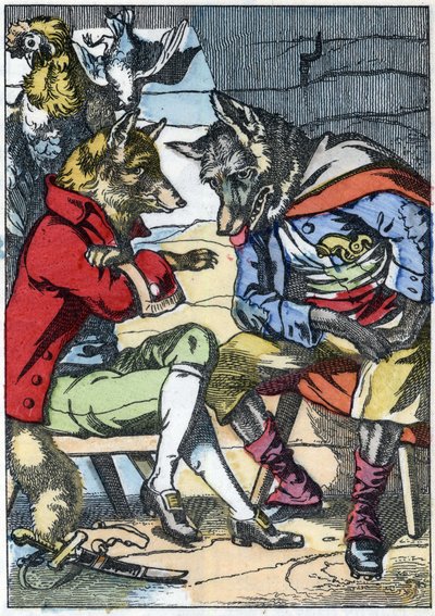 Der Wolf trifft wieder auf den Fuchs. Illustration aus dem Märchen „Compere le Loup, Maitre Renard, Comere la Chevre et ses petits biquets“ nach einer Fabel von Jean de La Fontaine. In „Märchen aus dem Heim für die Kleinen“. Anonyme Gravur aus dem 19. Jahr von Unknown artist